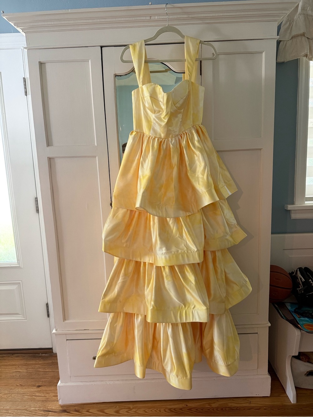 Sunshine Yellow Tiered Satin Prom Dress with Wide Straps